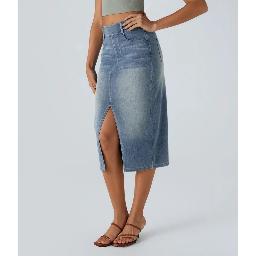Halara Flex High Waisted Washed Denim Bodycon Midi Skirt Pockets Medium NWT